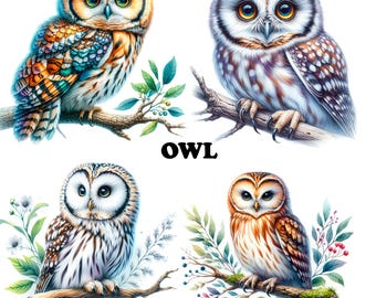 23 Cute Owl Clipart, Hyperrealistic Cute Owl, Printable Watercolor Clipart, Paper Craft, Junk Journals, High Quality JPGs, Digital Download