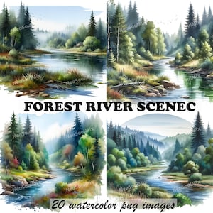 May include: Four watercolour paintings depicting a forest river scene. Each painting features a winding river flowing through a lush green forest with tall trees and a blue sky.
