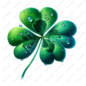 May include: A detailed illustration of a four-leaf clover with a green stem and leaves. The leaves are a vibrant green with darker green veining and are adorned with clear water droplets, creating a fresh, natural aesthetic. The background is white.
