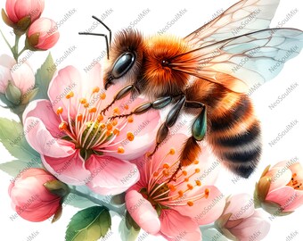 20 Bees and Bloom | Floral Bees Clipart | Printable Watercolor clipart | High Quality JPG | Digital download | Paper craft | junk journal