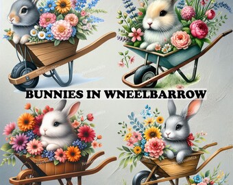 Cute Bunny Clipart Bundle Coelhinhos em Carrinho de Mão Clipart PNG Imagens Aquarela Coelho com Flores Coelhinho da Páscoa Primavera Coelho Design Gráfico