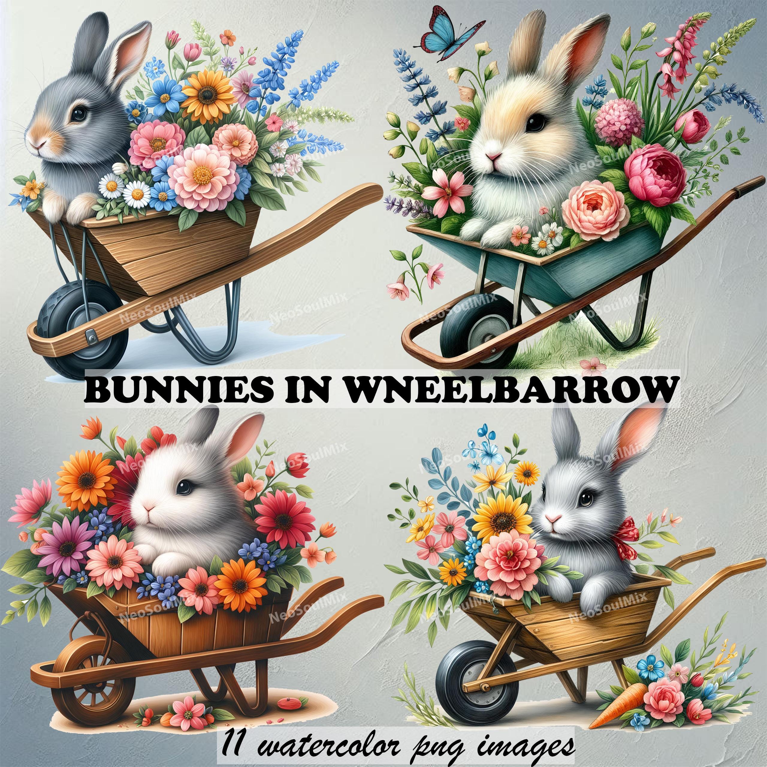 Cute Bunny Clipart Bundle Bunnies in Wheelbarrow Clipart PNG Images ...