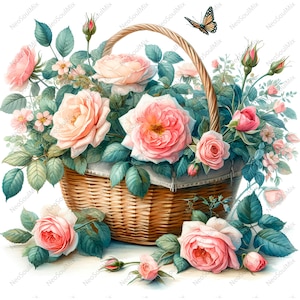 21 Shabby Chic Basket of Wild Roses Clipart Bundle | Wysokiej jakości akwarele JPG- Crafting, Journaling, Scrapbook Supply, Digital Download