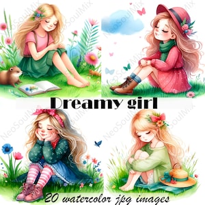 20 Dreamy Girl Clipart | Cute Girl | Printable Watercolor clipart | High Quality JPGs | Digital download | Paper craft | junk journals