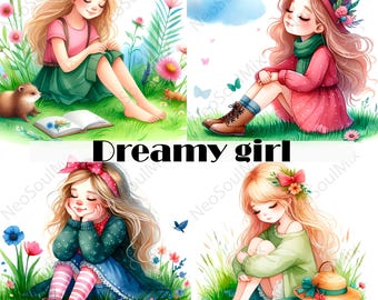 20 imágenes prediseñadas de chicas soñadoras / Chica linda / Imágenes prediseñadas de acuarela imprimibles / JPG de alta calidad / Descarga digital / Manualidades de papel / Diarios basura
