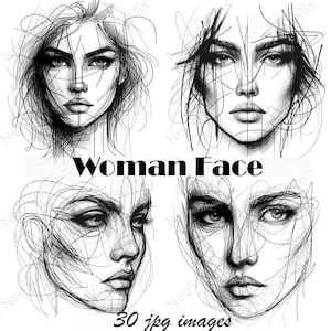 30 Kobieta Twarz Clipart | Prosta Twarz Rysunek Linii Clipart | Wydrukowalne Akwarele Clipart | Wysokiej Jakości JPG | Pobieranie Cyfrowe | Papierowe Rękodzieło JPG