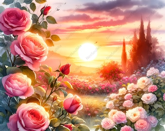 May include: A vibrant watercolor painting of a sunset over a rose garden. Lush pink and white roses frame the scene, with a bright sun and silhouetted trees in the background. The sky is filled with shades of orange, pink, and purple.
