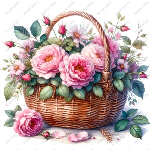 22 Shabby Chic Basket of Wild Roses Clipart Bundle | Wysokiej jakości akwarele JPG- Crafting, Journaling, Scrapbook Supply, Digital Download