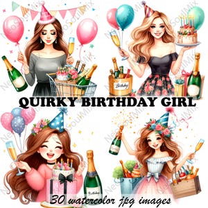 30 eccentriche clipart di ragazze di compleanno / Divertenti design di compleanno / File JPG di alta qualità / Download digitale / Stampabili con licenza commerciale