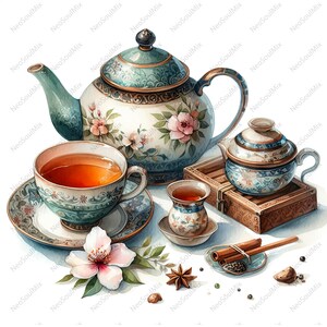 18 Clipart di set da tè / Set da tè floreale / Clipart acquerello stampabile / JPG di alta qualità / Download digitale / Carta artigianale / diari spazzatura