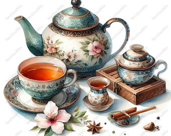 18 Tea Set Clipart | Floral Tea Set | Printable Watercolor clipart | High Quality JPGs | Digital download | Paper craft | junk journals