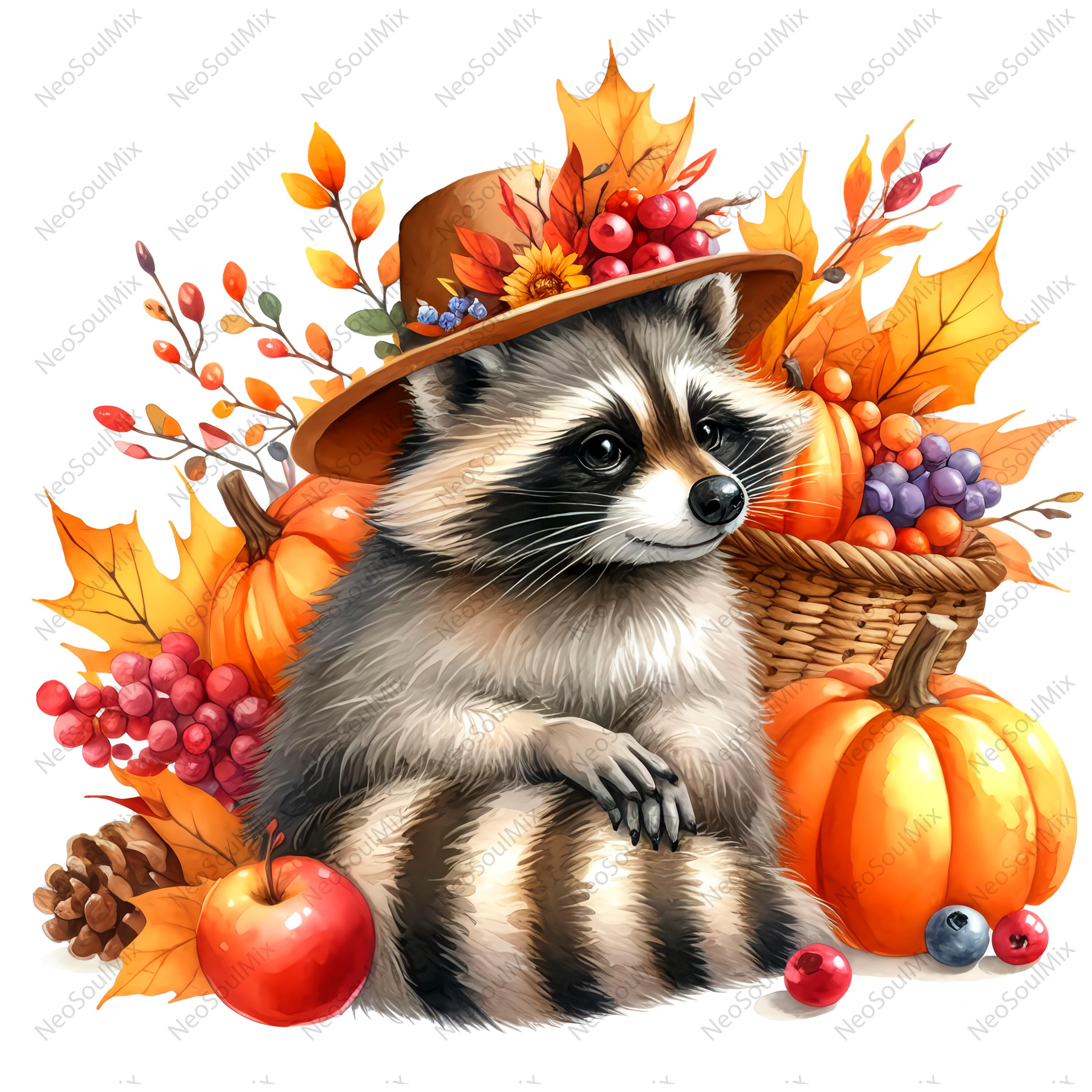 18 Cute Fall Raccoons Clipart | Watercolor Autumn Raccoon | High ...