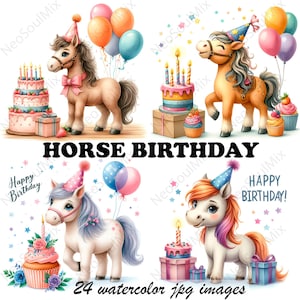 24 cliparts d'anniversaire de cheval | Lot de cliparts cheval anniversaire | Clipart aquarelle imprimable | JPG de haute qualité | Créations artisanales en papier | journal indésirable