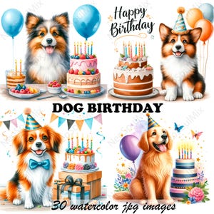 30 Clipart di compleanno di cani / Disegni ad acquerello di compleanno di animali domestici / JPG di alta qualità / Download digitale / Creazione di biglietti con licenza commerciale
