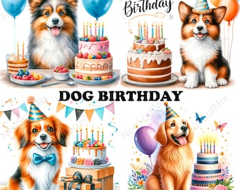 May include: Watercolor images featuring dogs celebrating birthdays. Each image includes a dog with a party hat, balloons, and a birthday cake. The text "Happy Birthday" and "Dog Birthday" are also present.