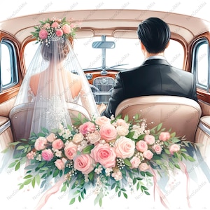 21 Braut und Bräutigam im Auto Clipart Bundle | Hochwertiges Aquarell JPG | Journaling | Sammelalbum | Digitaler Download