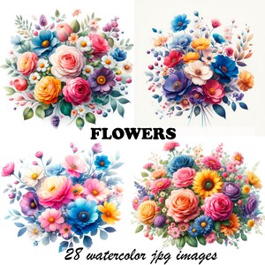 28 Vários clipart de flores, clipart de flores coloridas, clipart de aquarela para impressão, impressão de flores, JPGs de alta qualidade, download digital