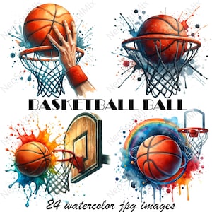 24 imágenes prediseñadas de baloncesto en acuarela / Baloncesto deportivo / Imágenes prediseñadas de acuarela imprimibles / JPG de alta calidad / Descarga digital / Manualidades de papel