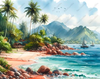 24 Watercolor Beach Scenery Clipart | Printable Watercolor clipart | High Quality JPGs | Digital download | Paper craft | junk journal