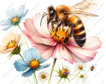 31 Bees and Flowers | Floral Bees Clipart | Printable Watercolor clipart | High Quality JPG | Digital download | Paper craft | junk journal