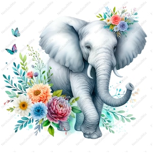 25 Elephant Cliparts, Elephant with flowers, Elephant clipart, Watercolor Elephant, Quality, Greating cards clipart, image of an elephant