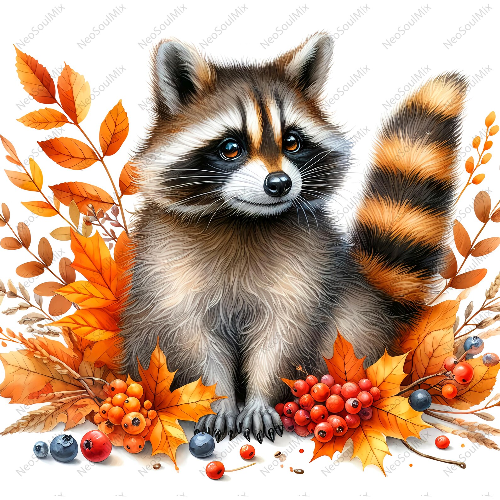20 Cute Fall Raccoons Clipart | Watercolor Autumn Raccoon | High ...