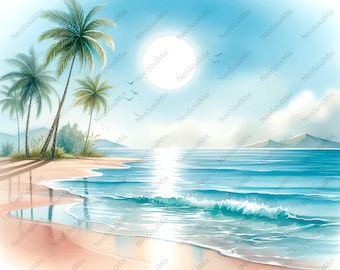 19 Beach Views Watercolor Clipart, High Quality JPGs,Commercial use,Digital Download, Clip Art,Digital Paper Craft,summer clipart watercolor