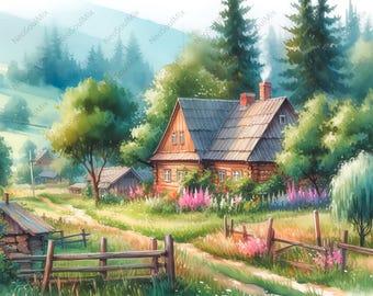 18 zomerlandschap clipart, lente clipart, afdrukbare aquarel clipart, hoge kwaliteit jpg's, digitale downloads, papier ambacht, junk tijdschriften