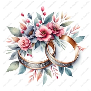 16 Shabby Chic Floral Wedding Rings Clipart Bundle, Wysokiej Jakości Akwarele PNG- Małżeństwo, Rzemiosło, Dziennikarstwo, Scrapbooking Cyfrowe Pobieranie
