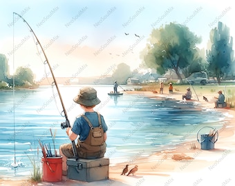 28 imágenes prediseñadas de niño pescando / Imágenes prediseñadas de niño con caña de pescar / Imágenes prediseñadas de acuarela imprimibles / JPG de alta calidad / Manualidades de papel / Diario basura