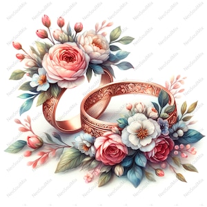 15 Shabby Chic Floral Wedding Rings Clipart Bundle, Wysokiej Jakości Akwarele PNG- Małżeństwo, Rzemiosło, Dziennikarstwo, Scrapbooking Cyfrowe Pobieranie