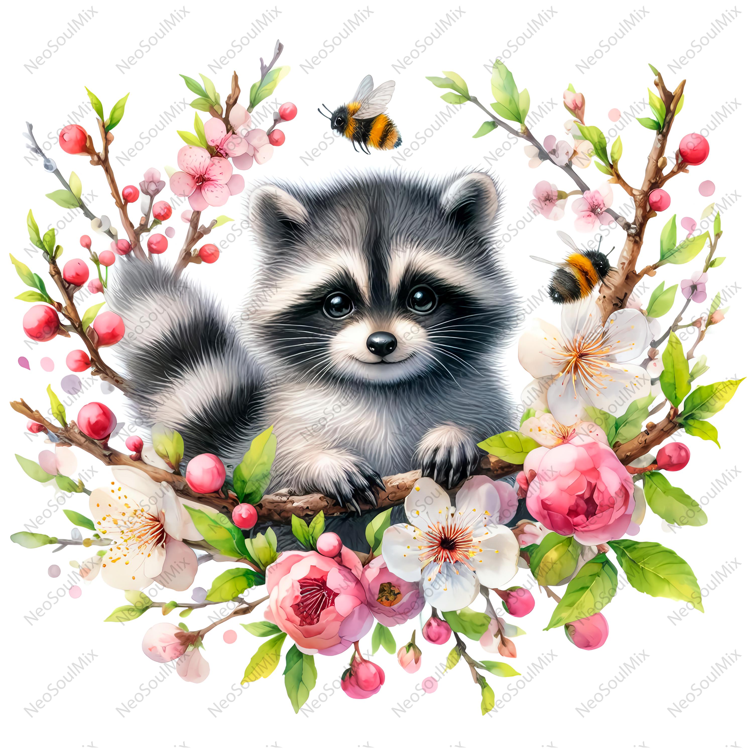 Spring Raccoon Pattern 19 Cute Spring Raccoon Clipart | Watercolor Autumn Raccoon | High ...