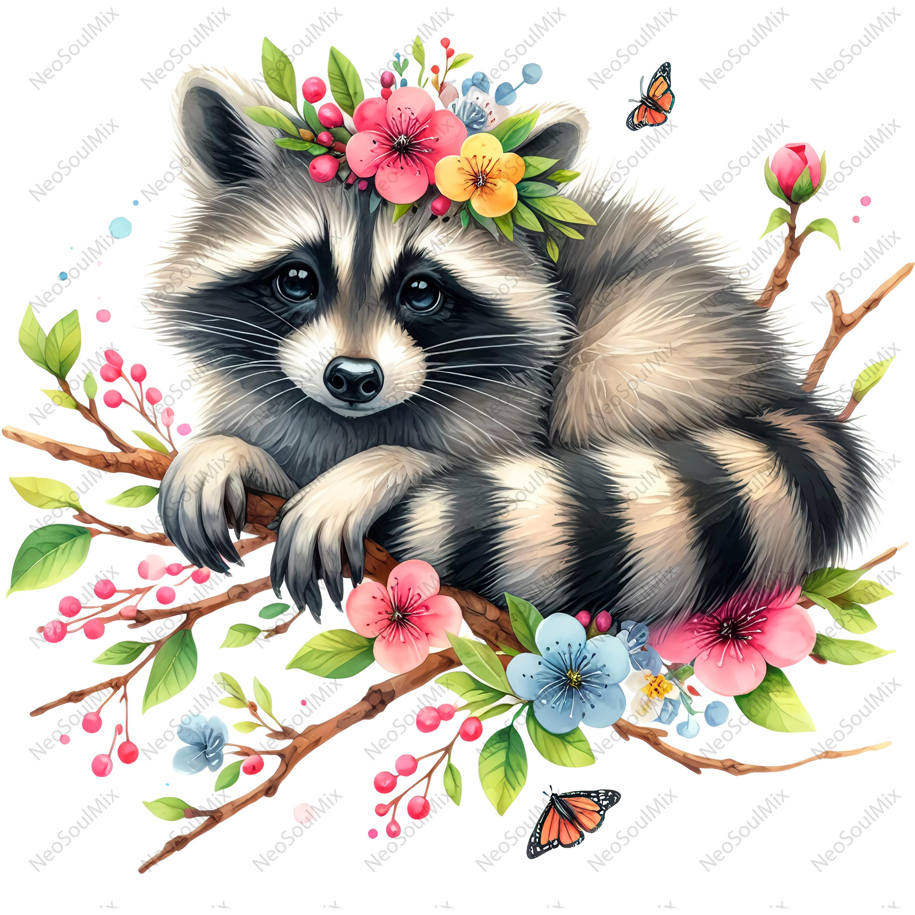 Spring Raccoon Pattern 19 Cute Spring Raccoon Clipart | Watercolor Autumn Raccoon | High ...