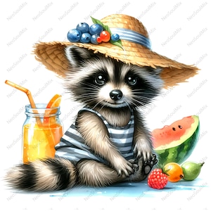 19 Clipart mignon de raton laveur d'été | Aquarelle d'automne raton laveur | JPG de haute qualité | Téléchargement numérique | Créations artisanales en papier | journaux indésirables