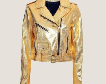 GOLDEN　レザージャケット Gold Metallic Faux Leather Biker Jacket: Moto Style With Zipper