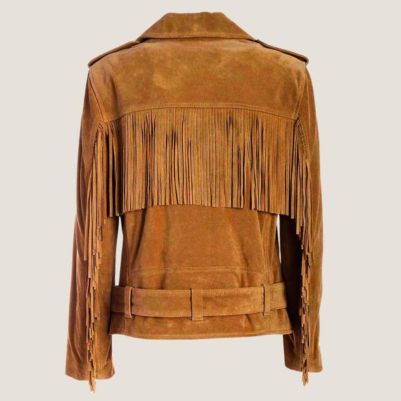 Jaqueta feminina de camurça marrom com franjas – Casaco de couro
