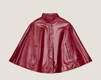 Cape en cuir rouge pour femme - manteau cape en cuir véritable - veste cape tendance - cape pour femme - poncho en cuir tendance