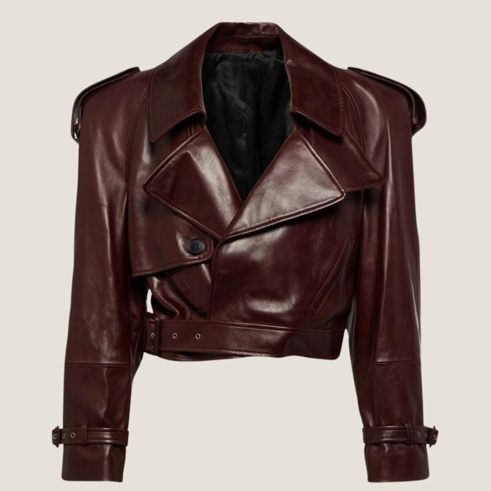 Womens Burgundy Cropped Sheepskin Leather Jacket – Handmade Short Double-Breasted Moto Jacket, Vintage Style Outerwear, Statement Fashion