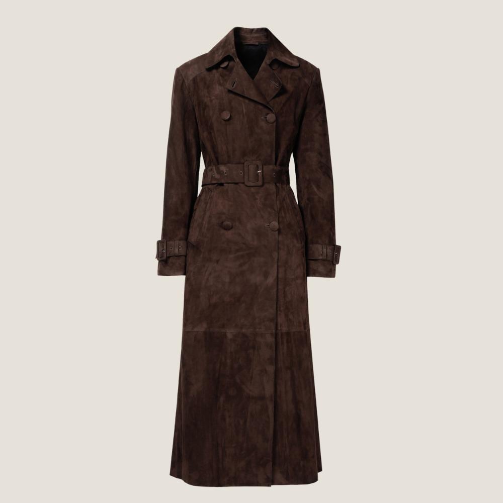 Women's Long Brown Suede Trench Coat – Double Breasted Belted Overcoat – Stylish Fall Winter Outerwear