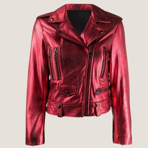 Metallic Red Biker Jacket – Women’s  Leather Moto Jacket – Shiny Party Outerwear – Edgy Zip-Up Rock Style Jacket