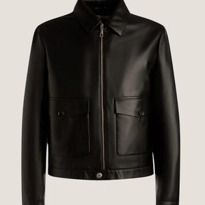 Men’s Black Leather Jacket | Stylish Zip-Up Leather Outerwear | Classic Button Pocket Leather Jacket | Sleek Collared Leather Jacket for Men