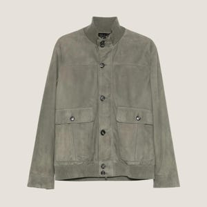Men&#39;s Suede Bomber Jacket – Olive Green Casual Outerwear – Button-Up Lightweight Suede Jacket – Stylish Military-Inspired Men’s Jacket