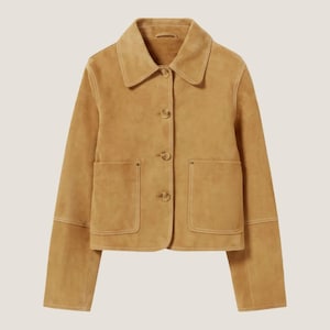 Women&#39;s Tan Suede Jacket – Cropped Leather Outerwear – Vintage Button-Up Coat – Casual Fall Fashion