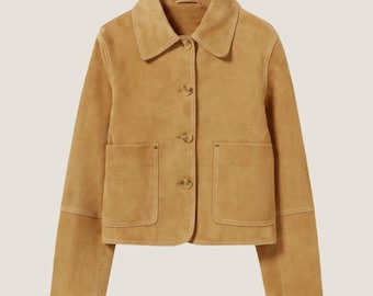 Women&#39;s Tan Suede Jacket – Cropped Leather Outerwear – Vintage Button-Up Coat – Casual Fall Fashion