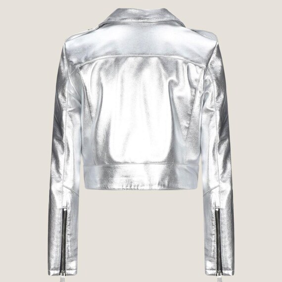 Silber Metallic Leder Bikerjacke: Damen Moto Crop Jacke