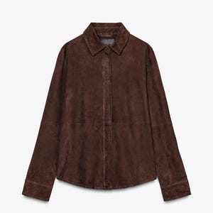 Women&#39;s Brown Suede Leather Jacket Shirt - Vintage Style Outerwear