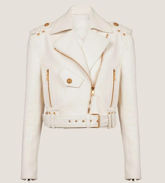 White Leather Biker Jacket: Cropped Moto Coat With Gold Zippers