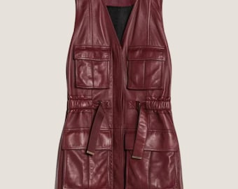 Veste sans manches en cuir pour femme - Veste d&#39;extérieur bordeaux avec poche utilitaire - Veste sans manches en cuir élégante pour la mode automnale