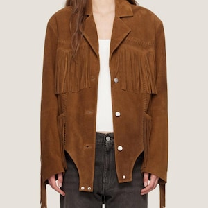 Brown Western Wear Suede Fringe Jacket For Women - Cowgirl Boho Look Outerwear - Retro Button-Up Leather Jacket - Handmade Gift For Her