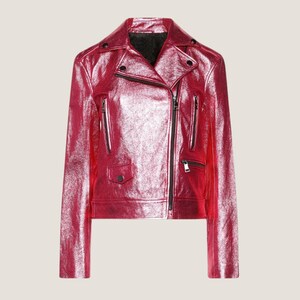 Metallic Red Lambskin Leather Biker Jacket: Edgy Moto Coat